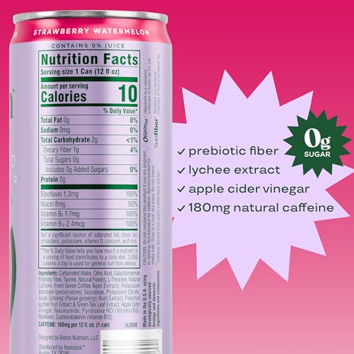 Image of Bloom Nutrition Sparkling Energy Drink, Zero Sugar, 180mg Caffeine | Strawberry Watermelon | 12oz | 24 Pack | Antioxidant-Rich