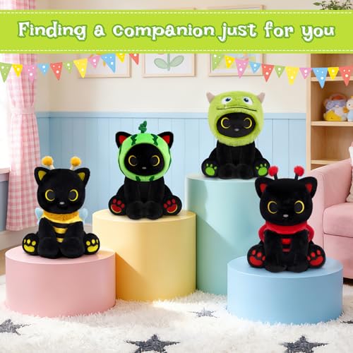 Image of Monster Cat Plush - 8 inch Black Cat Plush with Removable Green Monster Hood, Cute Plushies for Kids, Boys and Girls, Soft Cartoon Anime Stuffed Animal for Birthday Gift