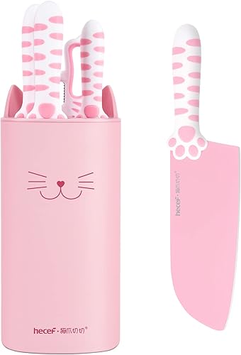 Miniatura 2 de hecef Pink Combo, juego de 5 piezas de bloque de cuchillos de cocina con bloque de madera rosa, 32 piezas de utensilios de cocina de silicona, color