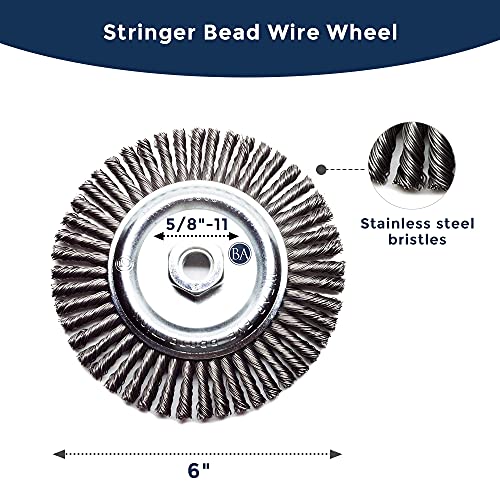 Image of Benchmark Abrasives 6 inch x 1 /4 inch Stringer Bead Wire Wheel with 5 /8 inch-11 Thread, for Weld Cleaning, Weld Spatter Removal, Stripping, Deburring, Use with Angle Grinders - (6 inch x 1 /4 inch, Stainless) (Stainless)