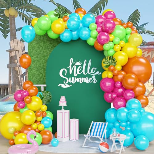 Tropical Hawaiian Balloons Arch Kit Garland, 130Pcs Summer Party Luna Balloons with Hot Pink Green Orange Yellow Teal Blue for Hawaiian Luau Summer Birthday Party Decorations