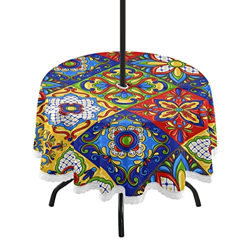xigua Mexican Talavera Ceramic Tile Style Round Tablecloth 60In,Waterproof Patio Table Cloths with Umbrella Hole and Zipper,Table Covers for Indoor & Outdoor Backyard/BBQ/Picnic
