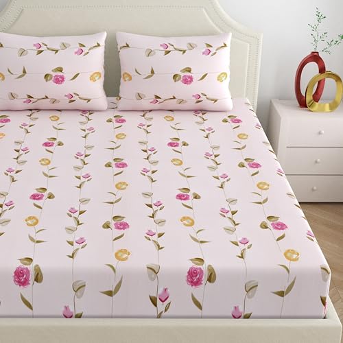 Image of Dreamscape Microfiber Wrinkle & Fade Resistant Double Bedsheet with 2 Pillow Covers - (Size 87 x 94 inches, 140TC, Colour - Pink)