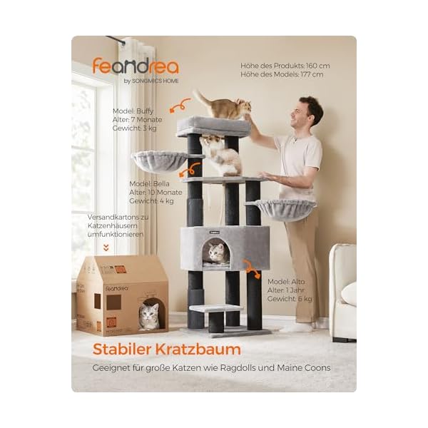 Feandrea Kratzbaum, mit selbsterwärmenden Decken, für große Katze, Katzenbaum, 2 Katzenbürsten, 9 Ø 11,1 cm Dicke Stämme, große Plattformen, Höhle, 50 x 50 x 160 cm, Taubengrau-schwarz PCT003W01 – Bild 3