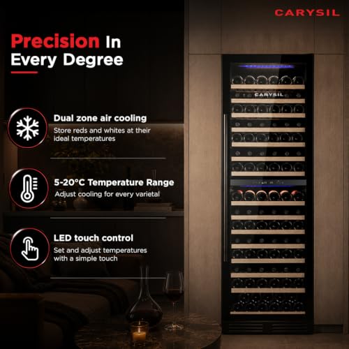 Image of Carysil Wine Chiller CW-165, 425 L, Dual Zone Wine Cooler Refrigerator for up to 165 Bottles, 5-20C Temperature Control, LED Touch Control, Anti-UV Door, Freestanding /Built-In Installation