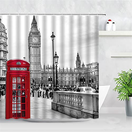 Kingkoil Londres Big Ben Red Teléfono Teléfono Caja De Ducha Set Retro Baño Impermeable Poliéster Tela Cortinas para Bañera Decoración del Hogar 48x72Inch(122x183cm) Onecolor Cover
