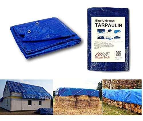 HipperTech 5m x 8m / 16ft x 26ft Blue Waterproof Tarpaulin - Tarp Sheet Cover - Woven Polyethylene and Laminated 5m x 8m = 40m (16ft x 26ft = 416sq ft) - 60 GSM - Weight