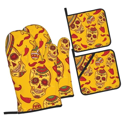 Juego De Manoplas Y Agarraderas, Calavera De Dibujos Animados Mexicana Guantes Resistentes Manoplas De Horno Lavables Guantes Horno para Cocinar Parrilla Chimenea