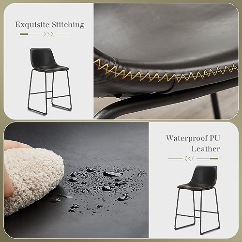 Image of DUMOS Counter Height Bar Stools Set of 2, Faux Leather Metal Bar Chairs | Barstools with Back, Leg, Armless, Upholstered, Kitchen Island, Modern Design, 26 Inch, Black