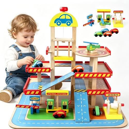 Ccarzzi Car Garage Toy 4 Storey Wooden Car Garage with Cars Helicopter Car Ramp Petrol Station Parking Lot Role Play Toys for Toddlers 3 Years Old