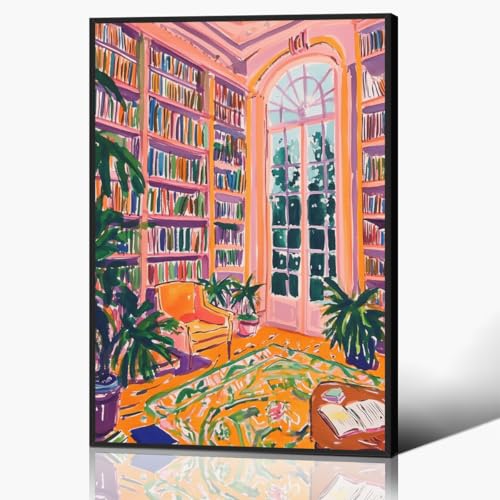 Image of Henri Matisse Canvas Wall Art, Classic Pink Library Poster for Room Aesthetic, Retro Reading Book Wall Art, Bookish Literary Artwork, Famous Art Prints for Booknook 16x24in Framed