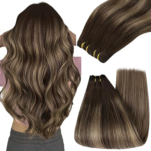 YoungSee Human Hair Weft Extensions Balayage Sew in Hair Extensions Real Human Hair, Dark Brown Mix Caramel Blonde Balayage, Low Daily Maintenance Hair Extension Sew in One Bundle 18inch 100g