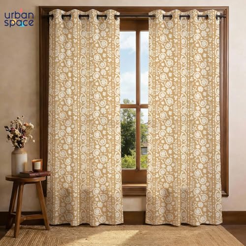 Image of Urban Space 100% Cotton Floral Curtains 5 Feet Long Set of 2, 60-65% Room Darkening, Decorative Curtains with Eyelets /Rings for Hanging, Tieback Included (Dhara Biscuit Beige, Window - 5 Feet)