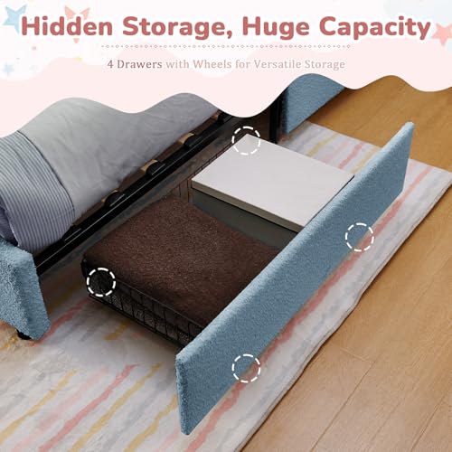 Image of Full Led Bed Frame with 4 Storage Drawer, Upholstered Platform Floor Bed with Rabbit Ear Headboard Daybed Strong Wooden Slats No Box Spring Needed for Kids Girls Boys, Blue