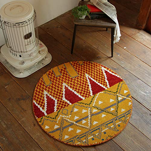 萩原 ラグ イエロー 直径約90cm 「クームース ガンター」 ウール100% 羊毛 手織り ノルディック エスニック