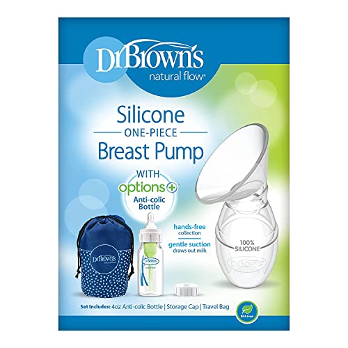 Image of Dr. Brown's 100% Silicone One-Piece Breast Pump,Hands-Free Breast Milk Collector with Anti-Colic Options+ Baby Bottle (4 oz/120 mL),Level 1 Nipple,Travel Lid and Travel Bag