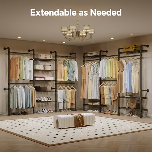 W3 Industrial Pipe Clothing Rack, Wall Mounted Clothes Rack Closet Wardrobe System with Expandable Hanger Rods Adjustable Storage Shelves, Heavy Duty Corner Walk-in Closet System, Black - Image 4