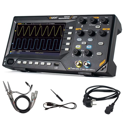 Owon Osciloscopio digital SDS210, 100 MHz, 2CH 1GS/s, 20 m, osciloscopio de dos canales, 30 tipos, medición automática