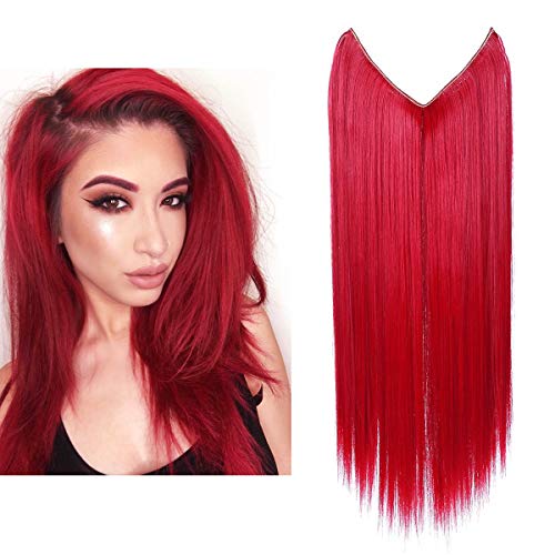 SARLA Red Colored Hair Extension Highlight Streak Long 22" Straight Halo Secret Flip in Natural Synthetic Hair Pieces For Women Hairpiece Hidden Wire Crown Headband Heat Friendly Fiber No Clip M02#Red
