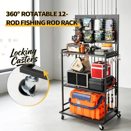 Image of SOYEEZE Fishing Rod Holders for Garage, Fishing Pole Holder Up to 12 Rods with Pegboard and Hooks,Rolling Fishing Cart with Wheels, Fishing Gear Storage For Tackle Box & Reel Organization-4 Side Fence