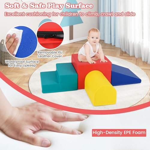 Costzon Climb and Crawl Foam Play Set, 4 Pieces Soft Single-Tunnel Foam Climber for Toddlers and Preschools, Lightweight Foam Shapes for Climbing, Crawling and Sliding (Blue&Yellow&Red&Green)