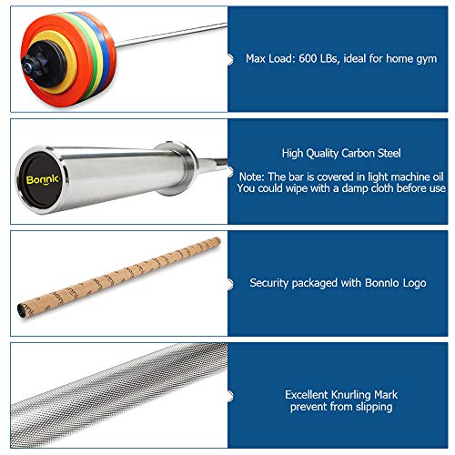 Bonnlo Barbell Olympic Bar, 5 Feet Olympic Weightlifting Bar 28mm Grip 600 lbs Capacity Bar Bench Press Chrome with Rotating Sleeve