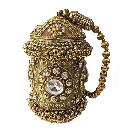 Indian Style Women's Handmade Beaded Metal Clutches Classical Evening Bags Wedding Rhinestones Short Handle Dinner Bags Clutches F692 (Antique Gold) #TOP22