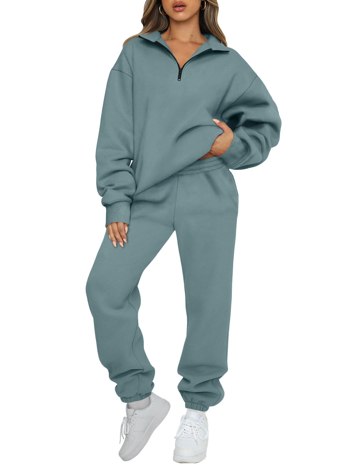 AUTOMETWomen's Sweatsuits 2 Piece Outfits Lounge Sets Long Sleeve Half Zip Pullover and Baggy Sweatpants with PocketsOEKO-TEX STANDARD 100
