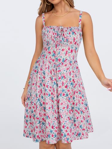 Image of YATHON Summer Mini Corset Sun Dress for Women Short Casual Square Neck Lace Up Floral Beach Vacation Dresses with Pockets