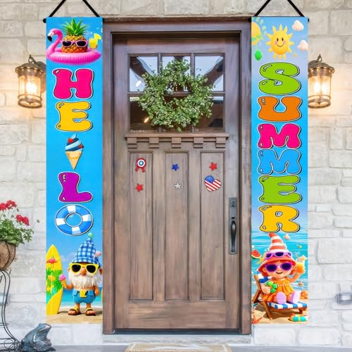 Image of BlissYard 2pcs Welcome Summer Door Banner Hawaiian Gnome Porch Banners Sign Summer Sunshine Beach Front Door Hanging Decor Banner for Seasonal Home Hawaii Tropical Party Outdoor Decorations