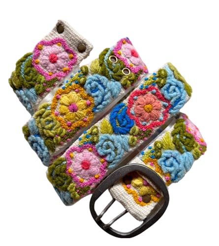 Peruvian Embroidered Belt for Women - Flower Belt, Eternal Bloom/Cream Background