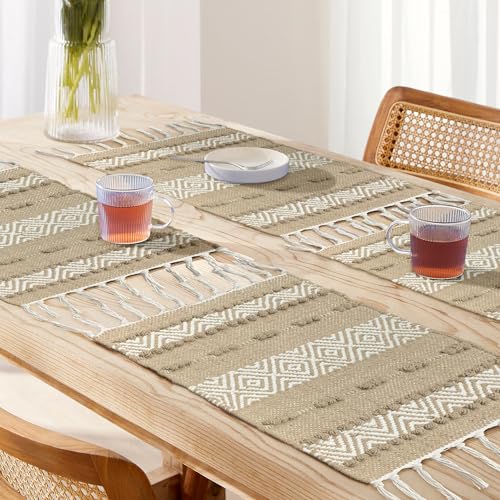 Image of Luxe Home Cotton Table Placemats with Tassels Rectangular Woven Dining Mats Heat Resistant, Washable Table Mats for Dining Table Home, Kitchen & Restaurants (66x33 cm) Set of 4