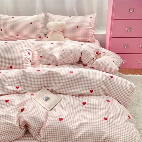 Image of Nayoroom Gingham Duvet Cover King Size Pink Plaid Red Heart Printed on White Bedding Set 3 Pcs Kids Girls Cute Heart-Shaped Comforter Cover with Zipper Closure Soft Breathable Microfiber