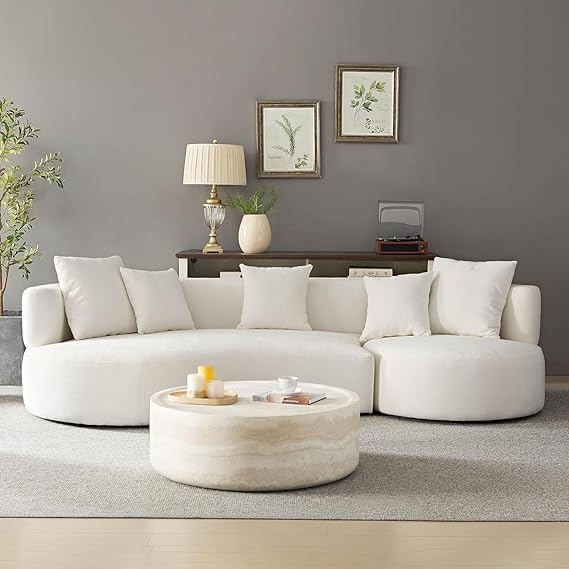 Modern Curved White Sofa Couch with Plush Pillows – 4 Seater Upholstered Living Room Sofa | Contemporary Minimalist Design for Home, Office & Lounge** (Off White Velvet)-image-18
