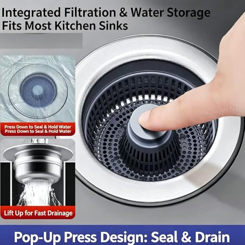 JYYUINX Küchen Spülbecken Stöpsel 3-in-1, Universal abflusssieb küchenspüle für Lebensmittelreste Herausfiltern Bohrungsdurchmesser von 76–81 mm, Tiefe der Spüle>28mm