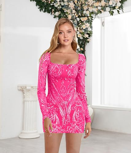 GUKARLEED Long Sleeve Sequin Homecoming Dresses for Teens Scoop Neck Lace Appliques HOCO Dress Sparkly Short Prom Party Dress3