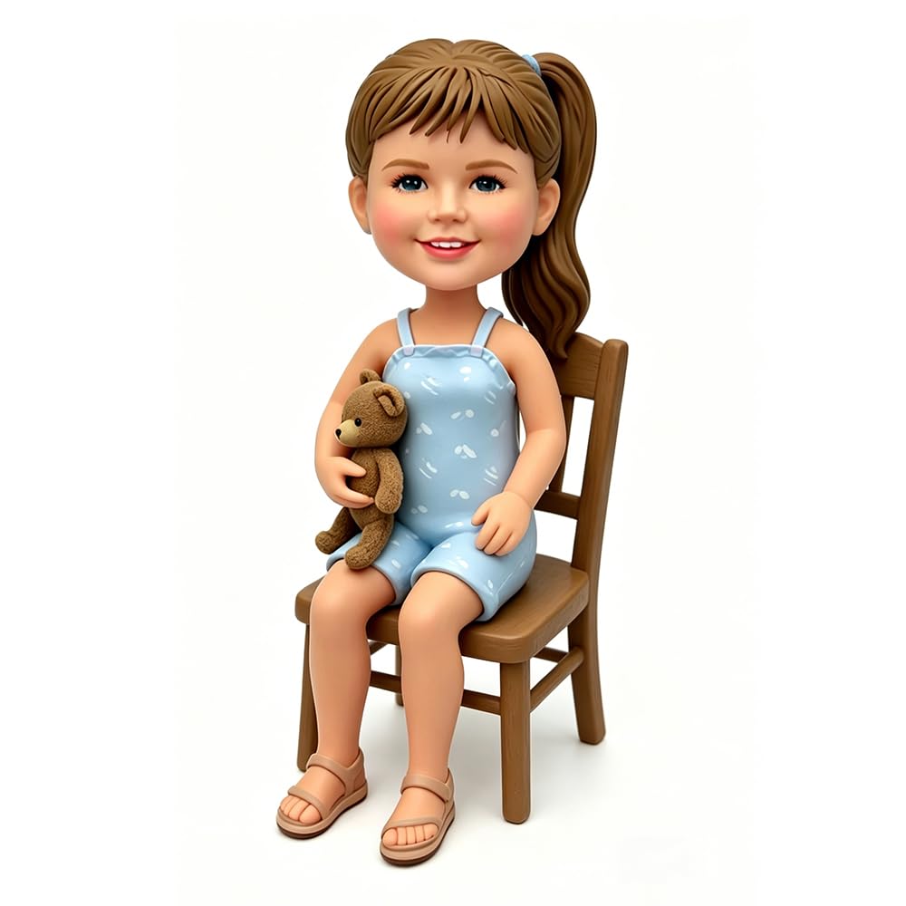 Individuelle Wackelkopf-Figur, personalisiertes Mädchen mit Bär auf Stuhl, handgefertigte Puppe aus Foto, einzigartiges Geschenk für Kindergeburtstage, Party, Heimdekoration