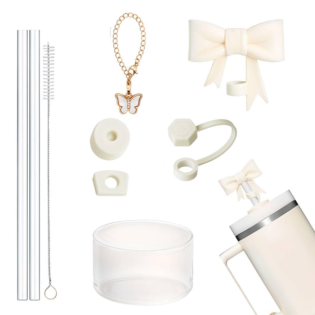 HASTHIP® For Stanley Cup Accessories & Charm Kit Set of 9Pcs Fashion Straw Accessories Kit Cute Bow Straw Cap, 2 Straight Straws, Cleaning Brush, Butterfly Handle Charm, Cup Bottom Sleeve-image-27