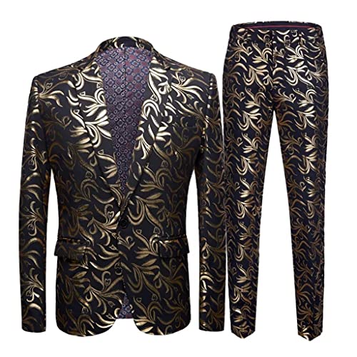 Autumn British Bright Gold Bronze Suit Men's Casual Slim Fit Floral Slit Suit Men's 2 Piece Jacket and Trousers