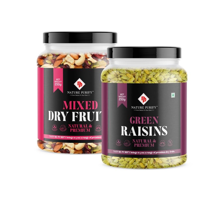Image of Nature Purify Dried Fruits Combo Mix Dry Fruits and GreenRaisins 250gm Each Pack OF 2 | Healthy Snacks Mixed Nuts with Dry Fruit | Nutrient-Rich Snack for Wellness | Diwali Gift