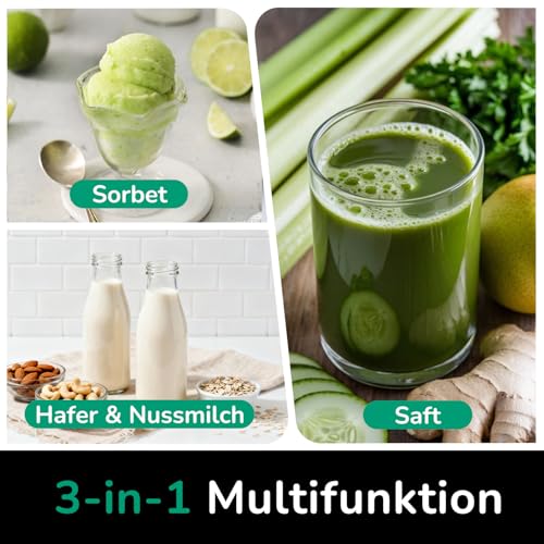 Canoly Entsafter mit 150 mm extra Großer Einfüllschacht, 3-in-1 Sieb (für Saft, Sorbet & Nussmilch), 2,6 L Füllvolumen Slow Juicer mit AC-Motor, Selbstschneid-System Kaltpresse Saftpresse, BPA-Frei – Bild 3