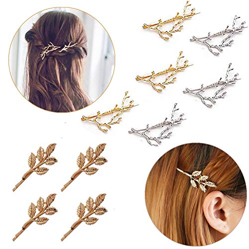 Hair Clip for Women,10 Pcs Hair Barrettes Hair Pins Gold Silver Branch Leaf Hair Clips Hair Clips for Girls Women Thick Hair Styling,Retro Bobby Pin Side Clamp Wedding Headgear,Metal Hair Accessories