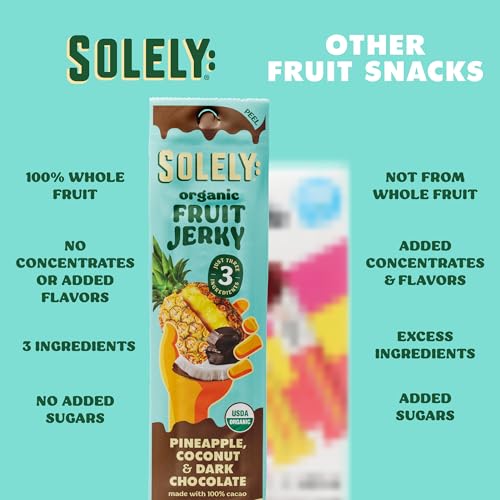 Image of SOLELY - Organic Pineapple Coconut Chocolate Drizzled Fruit Jerky - 12 Individually Wrapped Strips - Fruit Leather Made from Dried Fruit - Healthy Snacks for Adults & Kids - Vegan - 0.8oz (23g)