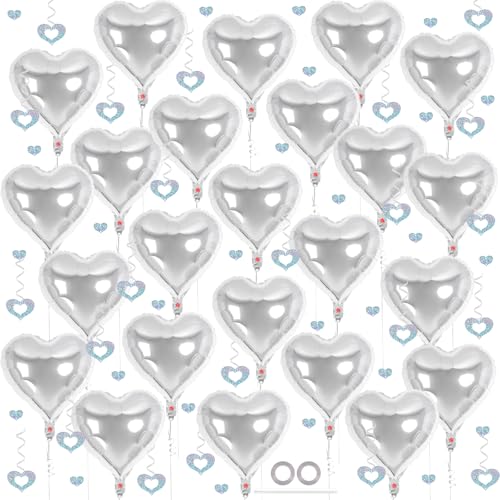 Image of 24 Pcs Silver Heart Balloons, 100 Pcs Heart Hanging Streamers, 18 Inch Heart Foil Balloons Valentine's Day Balloon Love Balloon for Valentines Day Proposal Wedding Party Decorations