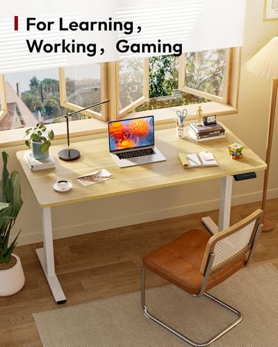 Image of SANODESK Electric Standing Desk 40 x 24 Inches Whole-Piece Desktop Height Adjustable Stand Up Desk w /6-Button Controller Ergonomic Computer Desk for Home Office, White Frame + Natural Tabletop