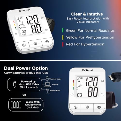 Image of Dr Trust (USA) ICheck Fully Automatic Digital Blood Pressure Monitor Machine with MDI Technology, Large Display Cuff,Accurate BP Monitor for Home Use (White) - Model 116