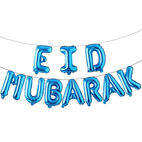 16-Inch Rose Gold Eid Mubarak Foil Balloons - Party Decoration Supplies for Ramadan and Muslim Celebrations (Blue)