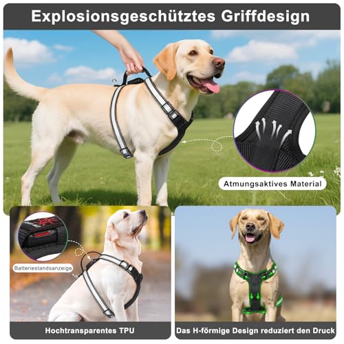 KOSKILL LED Hundegeschirr RGB wiederaufladbar mit Type C Ladung und Akku Anzeige superhelles Reflex Sicherheitsgeschirr für kleine mittlere Grosse Hunde Nacht wasserdicht leicht atmungsaktiv