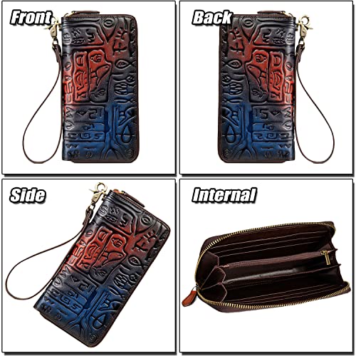 Women's Vintage Wristlet Wallet, Genuine Leather Cell Phone Purse, RFID Blocking Card Holder with Pictogram Pattern, Black Red+blue, One Size2