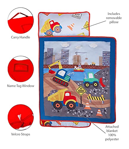 Image of EVERYDAY KIDS Toddler Nap Mat with Removable Pillow -Under Construction- Carry Handle with Fastening Straps Closure, Rollup Design, Soft Microfiber for Preschool, Daycare, Sleeping Bag -Ages 2-4 years